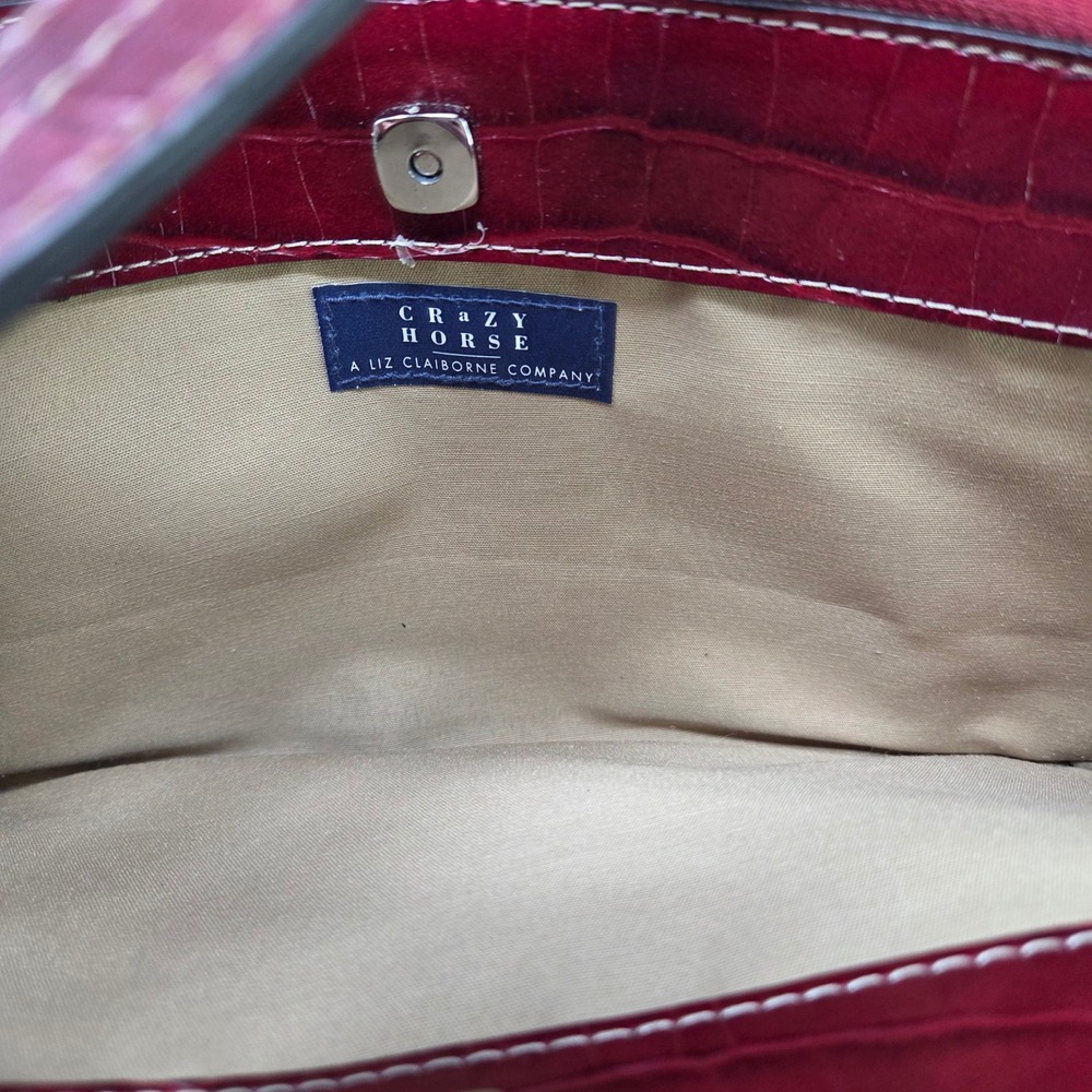 Crazy Horse Liz Claiborne Burgundy Croc Embossed Triple Compartment Shoulder Bag - Picture 3 of 11